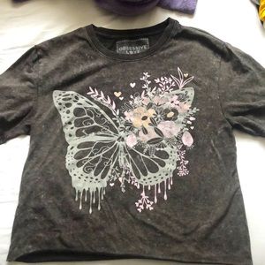 Butterfly crop top size small, ruins kinda big so could fit medium.